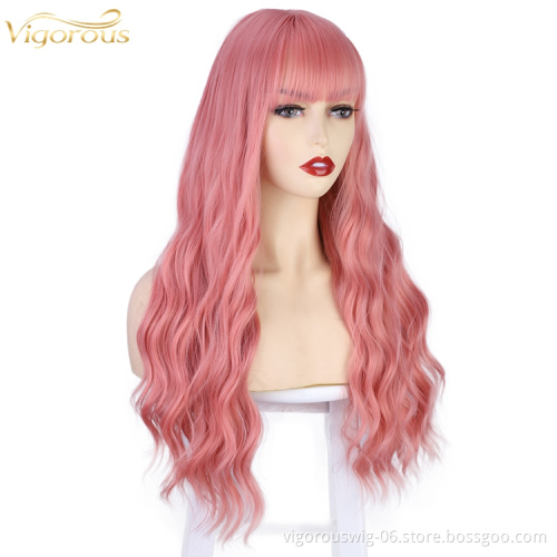 Vigorous Good quality Long Synthetic Heat Resistant Full Cheap Long Pink Fluffy Curly Wavy Hair Wigs With Bangs